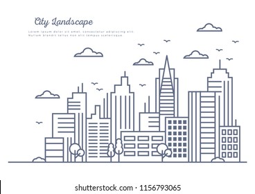 都市景観テンプレート 細線の都市の風景 高層ビルを持つ繁華街 パノラマアーキテクチャガバナムの建物の輪郭イラスト 都市の生活のベクターイラスト のベクター画像素材 ロイヤリティフリー