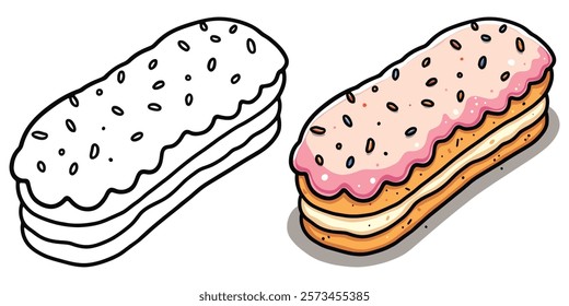 Éclair Line Art Vector Illustration Black and White with Coloring Sample. Bold and Easy Food, Sweets, Drinks, Dessert, and Snacks Coloring Pages for Adults and Kids.