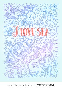 line art vector illustration in blue colors with funny fish, octopus, tortoise and inscription - i love sea, eps10