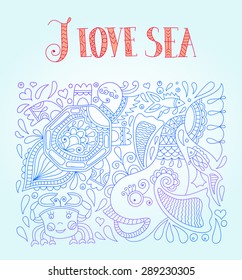 line art vector illustration in blue colors with funny fish, octopus, tortoise and inscription - i love sea, eps10