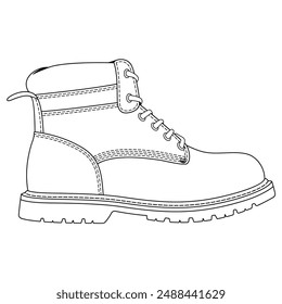 Line art vector illustration of boots isolated on white background. Safety shoe icon, symbol, logo, badge, emblem. Shoe design for children's coloring book. Safety shoes required sign.