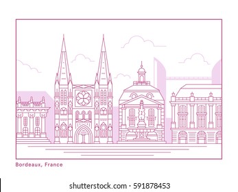 Line Art Vector Illustration of the Bordeaux City Attractions (Architecture). Stroke Design Style with Background Silhouettes.