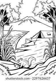 Ilustración vectorial de arte de línea de camping en la naturaleza