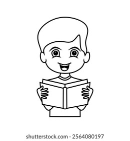 Line art vector illustration of cheerful cartoon boy reading a book. Perfect for depicting childhood, education, and the importance of learning and literacy.