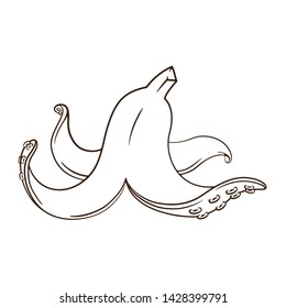 Line Art Vector Illustration. Concept logo: Banana peel in the form of octopus tentacles. Coloring book page