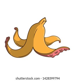 Line Art Vector Illustration. Concept logo: Banana peel in the form of octopus tentacles