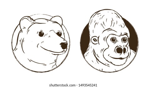 Line Art Vector Illustration. Concept logo: Cute Cartoon Character - White Bear and Gorilla's profile