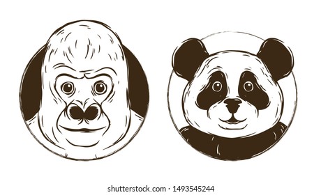 Line Art Vector Illustration. Concept logo: Cute Cartoon Character - Gorilla full face and Panda
