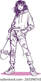 Line art vector illustration of a cool skater girl holding a skateboard, wearing hoodie and ripped jeans, standing confidently in streetwear fashion style.