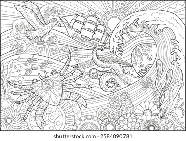 Ilustração vetorial de arte de linha de caranguejo, gaivota e paisagem do mar. Arte de estilo Zentangle com padrões boho. Esboço desenhado à mão para antistress, página de coloração para crianças e adultos, decoração, cartões. 