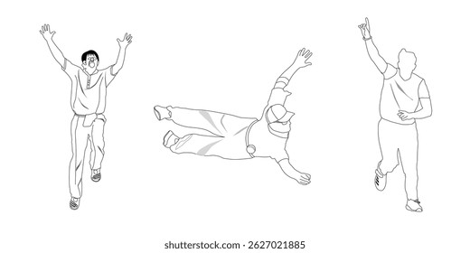 Line Art Vector Illustration von Cricket-Spielern - Feiern, Fangen und Fielding Action im Minimal Style.