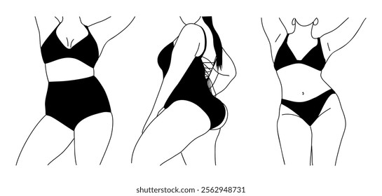 Line art vector illustration of curvy women in underwear. Plus size girls in bikini Body positive abstract minimalist drawing for wall art, poster, card, logo. Isolated on white background.