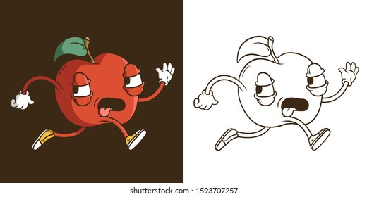 Line art Vector Illustration. Cute Cartoon Character: Running apple. Coloring book page