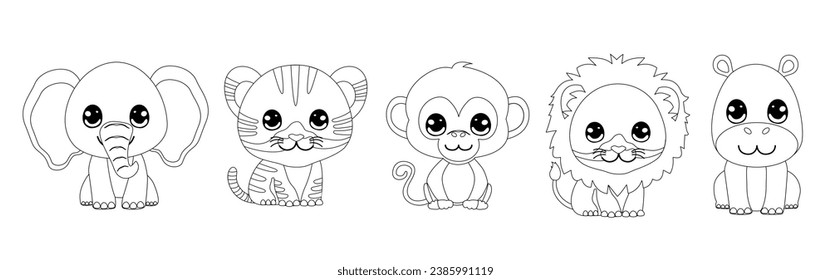 Line art vector illustration with cute wild animals for colour book 