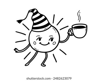 Line art vector illustration of cute sun character with cup of coffee wearing sleeping cap