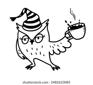 Line art vector illustration of cute morning owl character wearing sleeping cap with cup of coffee