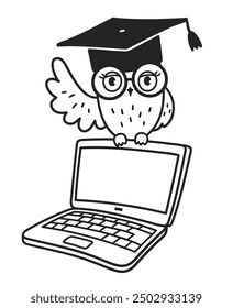 Line art vector illustration of cute owl character sitting on laptop wearing glasses and mortarboard