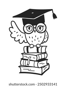 Line art vector illustration of cute owl character sitting on books wearing glasses and mortarboard