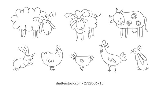Ilustración vectorial de arte de línea con lindos animales de granja en estilo infantil ingenuo. Adecuado para el diseño de Pascua, páginas para colorear, libros para niños y proyectos educativos