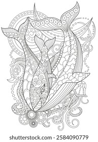 Line art vector illustration of decorated whale family and plants. Zentangle style art with boho patterns. Hand drawn sketch for antistress, coloring page for children and adults, decoration, cards