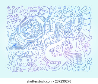 line art vector illustration of decorative sea animals - fish, tortoise, crab on blue background, graphic design elements for print and web, eps10