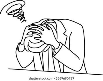 Line art vector illustration of a depressed businessman in suit holding his head in frustration