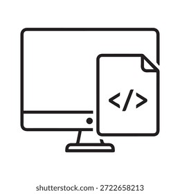 Ilustración vectorial de arte lineal de una computadora de escritorio con soportes rizados para el desarrollo y codificación de Web.