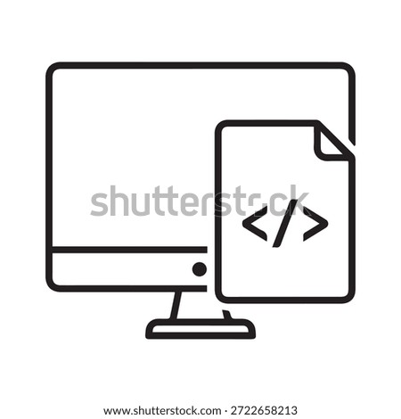 Line art vector illustration of a desktop computer with curly brackets for web development and coding.