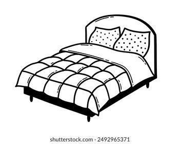 Line art vector illustration of double Bed with pillows and blanket