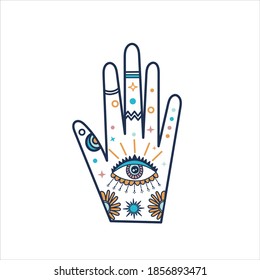 Line art vector illustration with enchantress hand. Evil eyes icon, talismans in hand drawn style. Evil Eye, Hamsa, Hand of Fatima. Symbols of astrological prediction and fortune telling