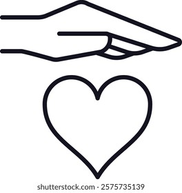 Line art vector illustration featuring a hand cradling a heart, representing love, care, and emotional support in relationships, highlighting kindness and connection