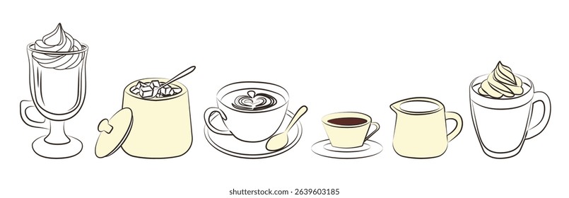 Line art vector illustration featuring a variety of hot drinks, including coffee, tea, and hot chocolate with cream and latte art. Simple, minimalist design perfect for caf themes.