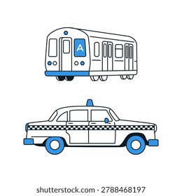 Line art vector illustration featuring a classic New York city subway car and a checkered taxi cab.