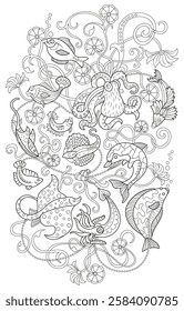 Ilustración vectorial de arte lineal de peces, animales marinos y plantas. Arte de estilo zentangle con patrones boho. Dibujado a mano boceto para antiestrés, página para colorear para niños y adultos, decoración, tarjetas