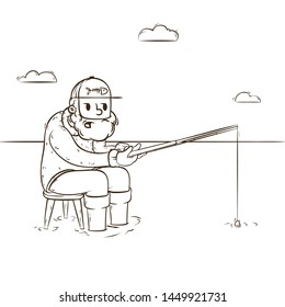 Line Art Vector Illustration. A fisherman with a red beard in a baseball cap catches fish on the river. Coloring book page.
