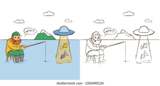 Line Art Vector Illustration. A fisherman is fishing in a river while a UFO is fishing with a attracting beam from a bucket against a mountain. Coloring book page