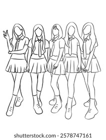 Line art vector illustration of five members of a kpop idol girl group. K-pop female fashion idols with school concept