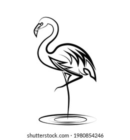 Line art vector illustration of flamingo. It is standing with one leg.	