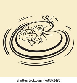 Line art vector Illustration of a frog with dragonfly and water lily  . Cartoon  style.