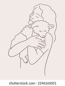 Line art vector illustration of girl cuddling dog. Girl hugging a puppy and smiling. Pets friendly concept