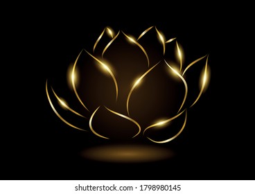Line art vector illustration of golden lotus on dark background