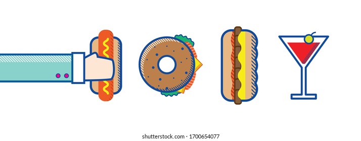 Line art vector illustration of hand holding lunch quick bite food hotdog bagel cheesesteak wine cokctail