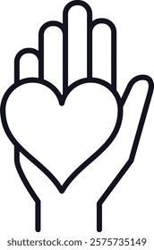 Line art vector illustration of a hand gently holding a heart, symbolizing love, kindness, charity, and care, perfect for Valentine s Day or any occasion celebrating affection and compassion