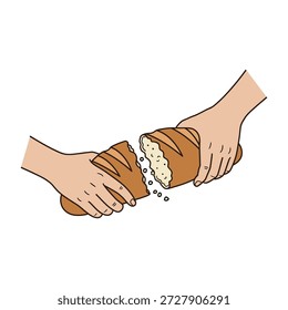Line art vector illustration of hands tearing a fresh loaf of bread in half. Symbolizes sharing, community, homemade baking, and hospitality.