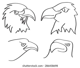 Line art vector illustration of heads of eagles in side view and three-quarter view isolated on white background.