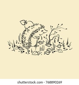 Line art vector Illustration of a hedgehog  with apple on his back in a forest. Cartoon  style. Good for the postcard.
