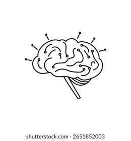 Line art vector illustration of a human brain with small radial connectors. Symbolizes technology and neural systems.