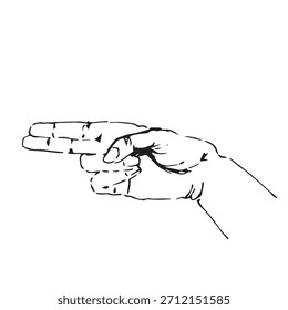 Line art vector illustration of a human hand holding, pinching, or grasping an imaginary object, isolated on white.