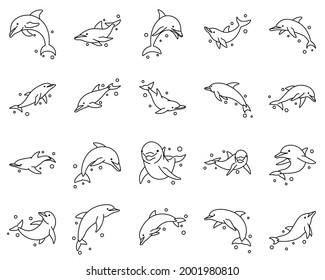 Line art vector illustration icon set of dolphin