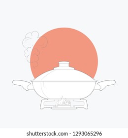 line art vector illustration kazan pot on a gas stove. isolated white background. Vector illustration design for t-shirt graphics, posters, guidelines and other uses